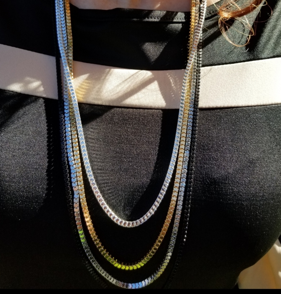 Silver, gold, black 4 layer, long chain necklace